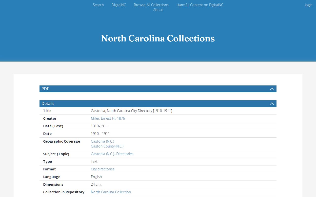 Gastonia city directory 1910-1911 DigitalNC collection record