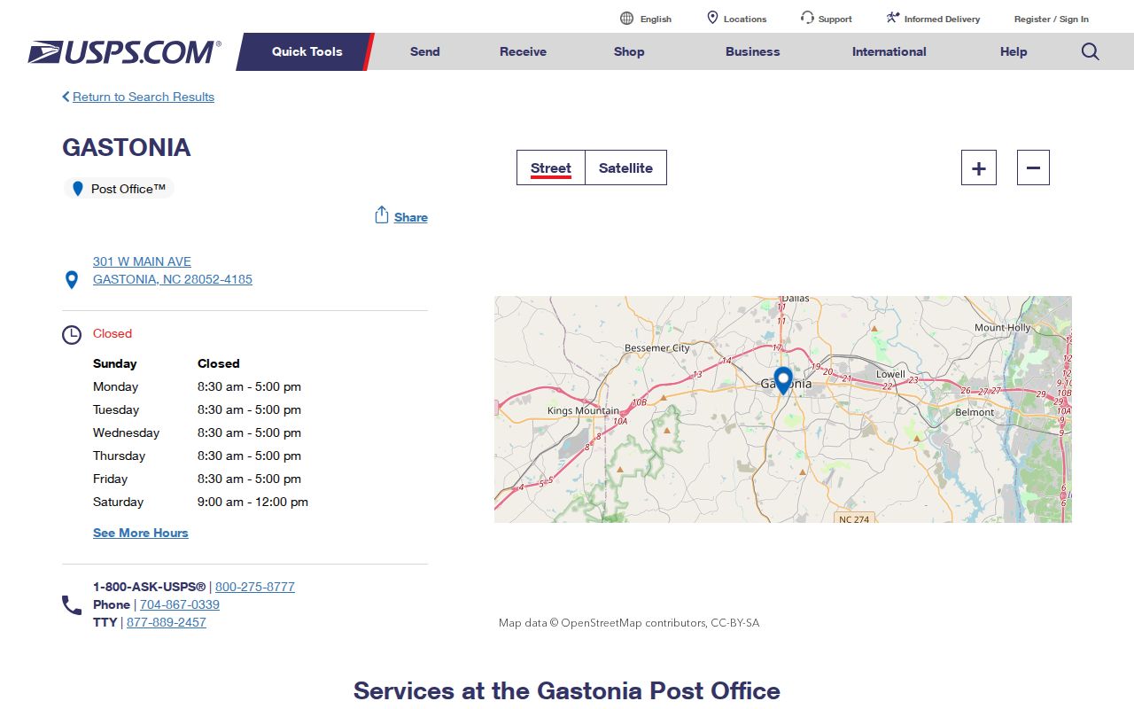 Gastonia ZIP code directory Main Post Office listing